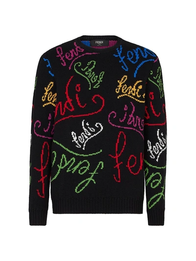 Shop Fendi Multicolor Embroidery Crewneck Sweater In Black