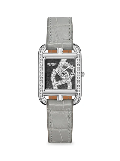 Shop Herm S Women's Cape Cod 31mm Chain D'ancre Stainless Steel, Diamond & Alligator Strap Watch In Grey