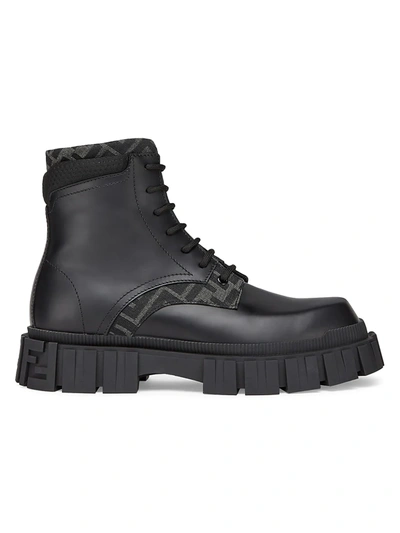 Shop Fendi Men's Logo-jacquard Leather Combat Boots In Black Grey