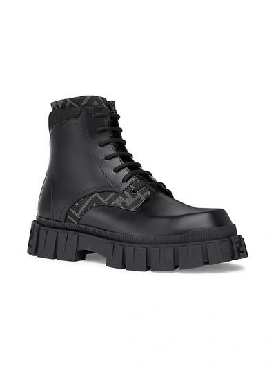 Shop Fendi Men's Logo-jacquard Leather Combat Boots In Black Grey