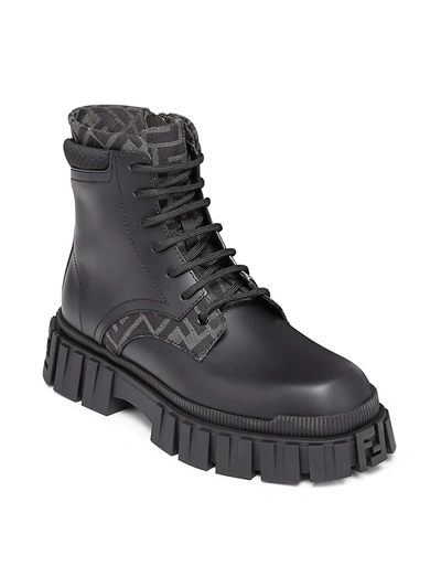 Shop Fendi Men's Logo-jacquard Leather Combat Boots In Black Grey