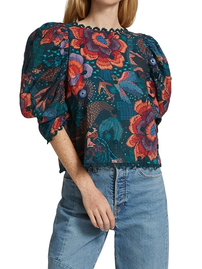 Farm Rio River Creatures Puff-sleeve Blouse In Teal River Creatures