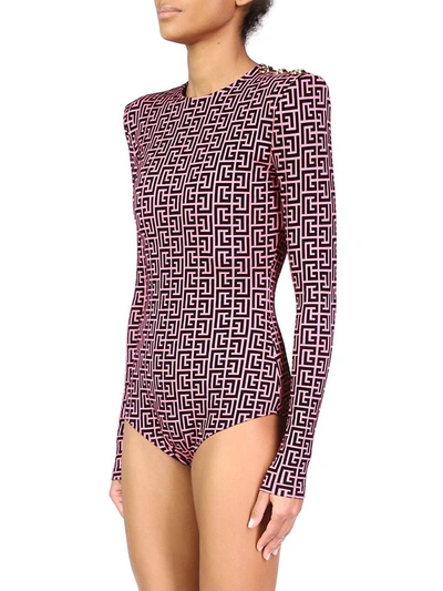 Shop Balmain Women's Long Sleeve Monogram Bodysuit In Rose Vif Noir