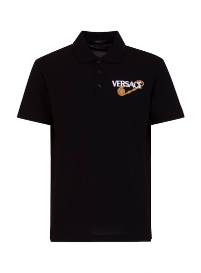 Shop Versace Embroidered Logo Polo Shirt In Nero