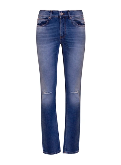 Shop Versace Distressed-effect Straight-leg Jeans In Blu