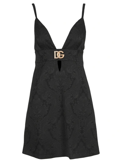 Shop Dolce & Gabbana Brocade-jacquard Logo-plaque Dress In Black