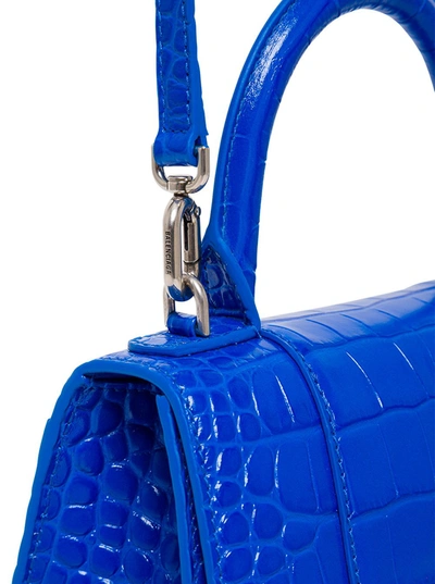 Shop Balenciaga Hourglass Crossbody Bag In Blue Crocodile Printed Leather