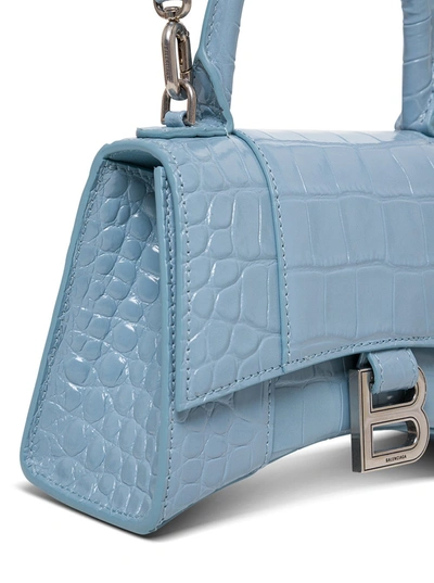 Shop Balenciaga Hourglass Crossbody Bag In Light Blue Crocodile Printed Leather