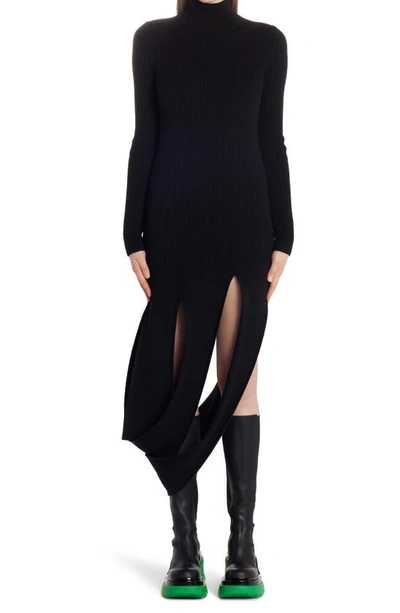 Shop Bottega Veneta Slash Hem Rib Long Sleeve Stretch Wool Blend Sweater Dress In Black
