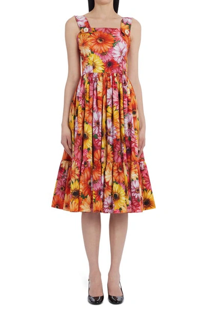 Shop Dolce & Gabbana Gerbera Daisy Print Cotton Poplin Fit & Flare Sundress In Orange Multi Print