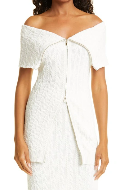 Shop Rebecca Taylor Off The Shoulder Cable Short Sleeve Cardigan In Chalk