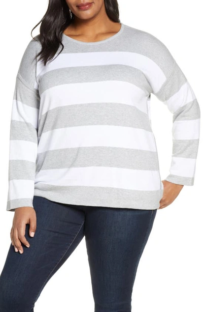 Shop Eileen Fisher Boxy Stripe Organic Cotton Sweater In Dark Pearl/ White