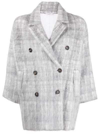 Shop Brunello Cucinelli Double-breasted Jacket In Brushed Wool Blend In Grey