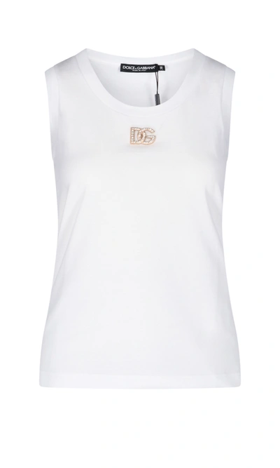 Shop Dolce & Gabbana Rhinestone Logo Tank Top In White