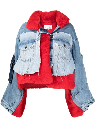 Shop Natasha Zinko Faux Fur Denim Jacket In Blau