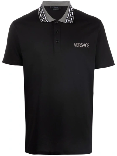Shop Versace Contrast-collar Piqué Polo Shirt In Schwarz
