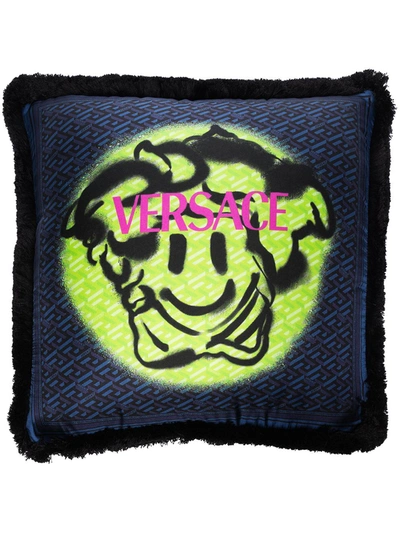 Shop Versace Double-sided Monogram Logo Cushion In Blue