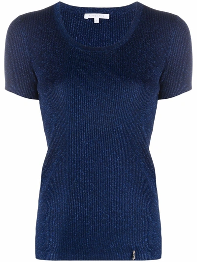 Shop Patrizia Pepe Ribbed Short-sleeved Knitted Top In Blau