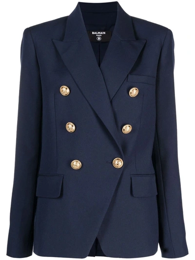 Shop Balmain Embossed-buttons Double-breasted Blazer In Blau