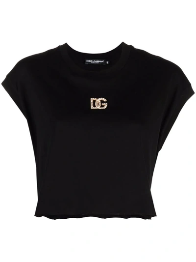 Shop Dolce & Gabbana Logo-plaque Cropped T-shirt In Schwarz