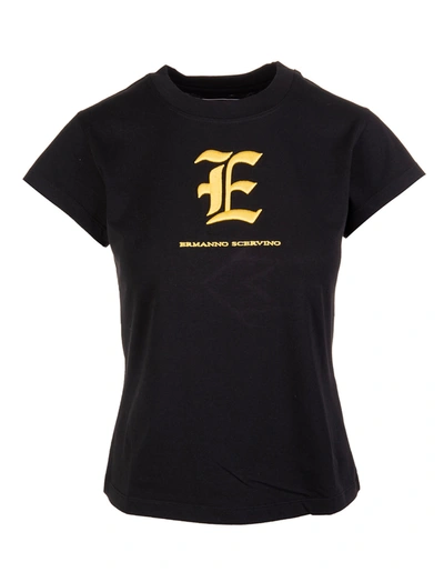 Shop Ermanno Scervino Black Slim Cotton T-shirt With Yellow Monogram Logo