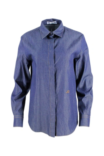 Shop Jacob Cohen Long Amanica Shirt In Denim-colored Chambray Cotton With Logo Embroidered On The Front