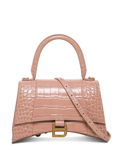Shop Balenciaga Hourglass Crossbody Bag In Beige Crocodile Printed Leather