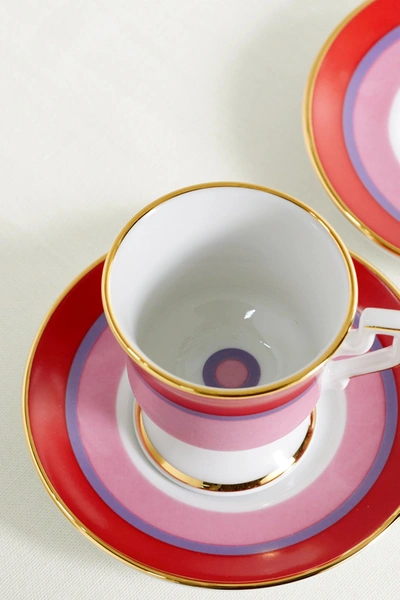 Shop La Doublej Set Of Two Gold-plated Porcelain Espresso Cups And Saucers In Pink