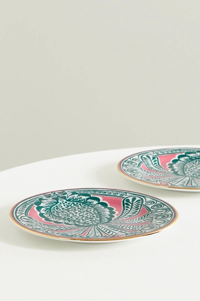 Shop La Doublej Set Of Two Gold-plated Porcelain Dessert Plates In Green