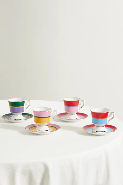 Shop La Doublej Set Of Four Gold-plated Porcelain Espresso Cups And Saucers In Pink