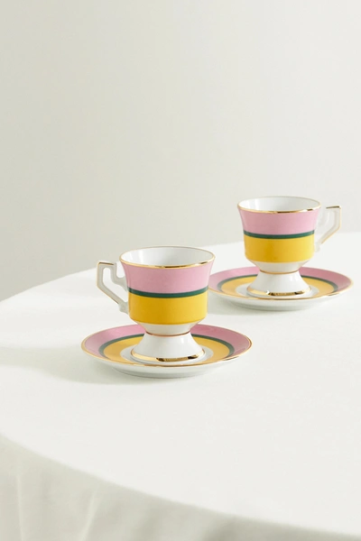 Shop La Doublej Set Of Two Gold-plated Porcelain Espresso Cups And Saucers In Pink