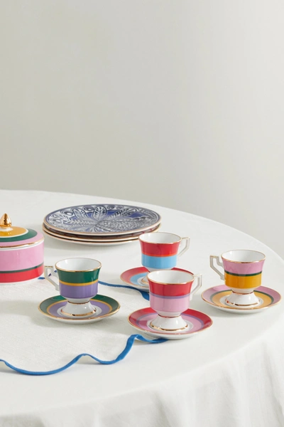 Shop La Doublej Set Of Four Gold-plated Porcelain Espresso Cups And Saucers In Pink