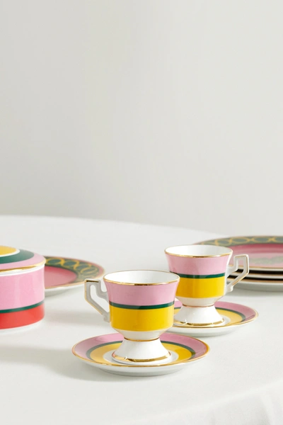 Shop La Doublej Set Of Two Gold-plated Porcelain Espresso Cups And Saucers In Pink