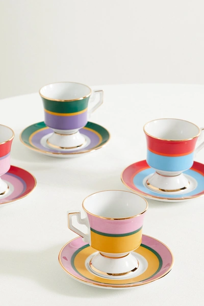Shop La Doublej Set Of Four Gold-plated Porcelain Espresso Cups And Saucers In Pink