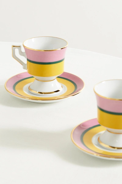 Shop La Doublej Set Of Two Gold-plated Porcelain Espresso Cups And Saucers In Pink