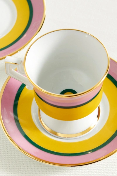 Shop La Doublej Set Of Two Gold-plated Porcelain Espresso Cups And Saucers In Pink