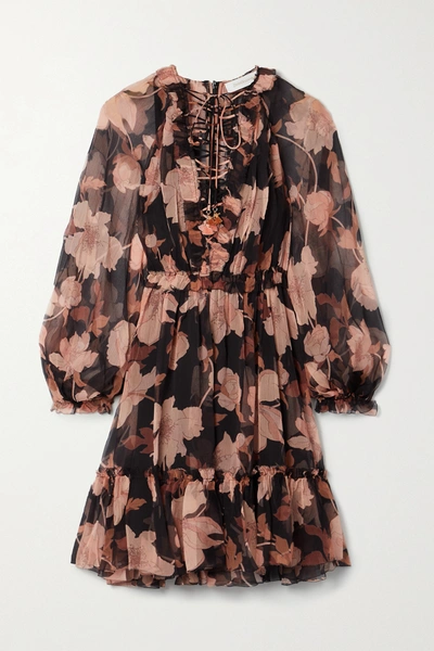 Shop Zimmermann Concert Lace-up Floral-print Silk-crepon Mini Dress In Black