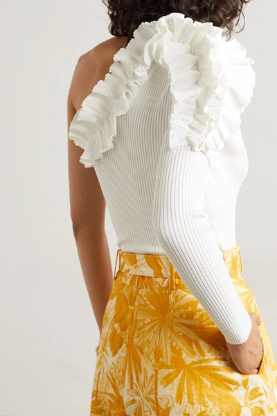Shop Zimmermann Concert One-sleeve Ruffled Ribbed-knit Top In White