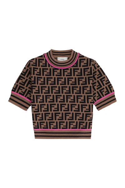 Shop Fendi Kids Ff Motif Short Sleeve Knit Top In Brown