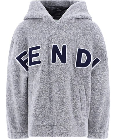 Shop Fendi Kids Logo Patch Hoodie In Grey