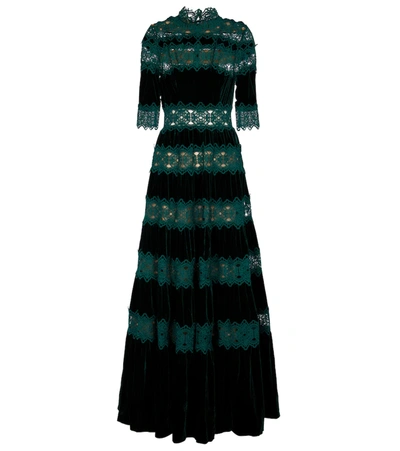 Shop Costarellos Lissie Velvet And Lace Gown In Green
