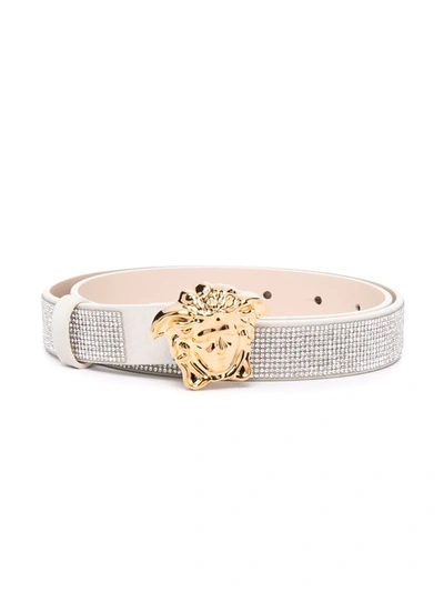 Shop Versace Medusa Logo Buckle Belt In White