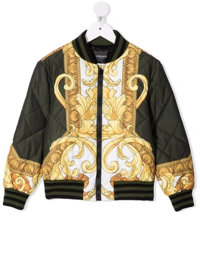 Shop Versace Baroque Pattern-print Padded Jacket In Green