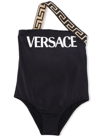 Shop Versace Greca-strap Logo-print Swimsuit In Black