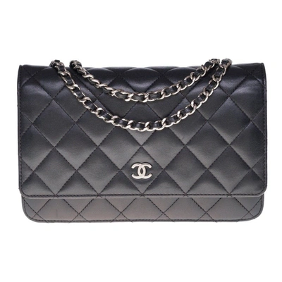 CHANEL Metallic Canvas Quilted Space Charms Wallet On Chain WOC Silver  383338