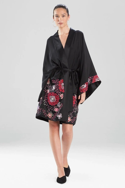 Shop Josie Natori Natori Kashmir Silk Embroidery Wrap Robe In Black