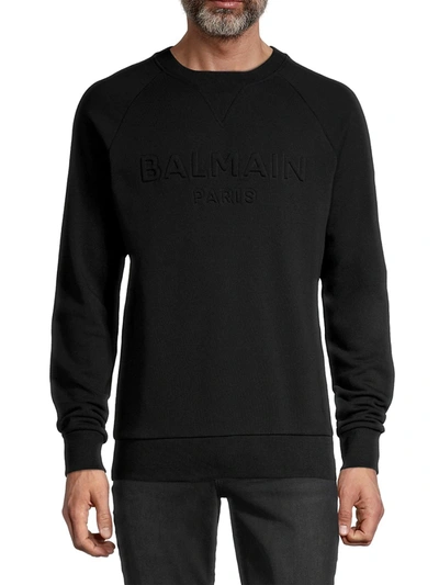 Shop Balmain Men's Logo Embossed Cotton Sweatshirt In Black