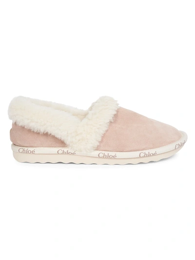 Shop Chloé Woody Suede Shearling-trim Logo Slippers In Maple Pink