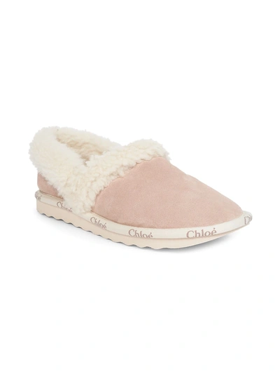 Shop Chloé Woody Suede Shearling-trim Logo Slippers In Maple Pink