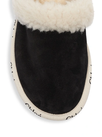 Shop Chloé Women's Woody Suede Shearling-trim Logo Slippers In Black
